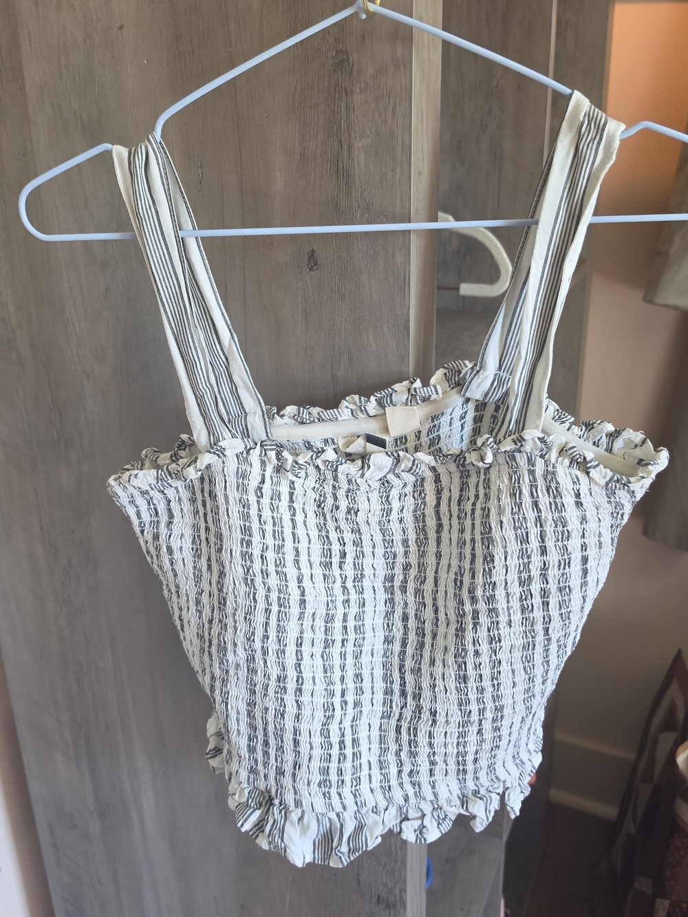 Roxy Black and White Smocked Stripe Crop Ruffle Top